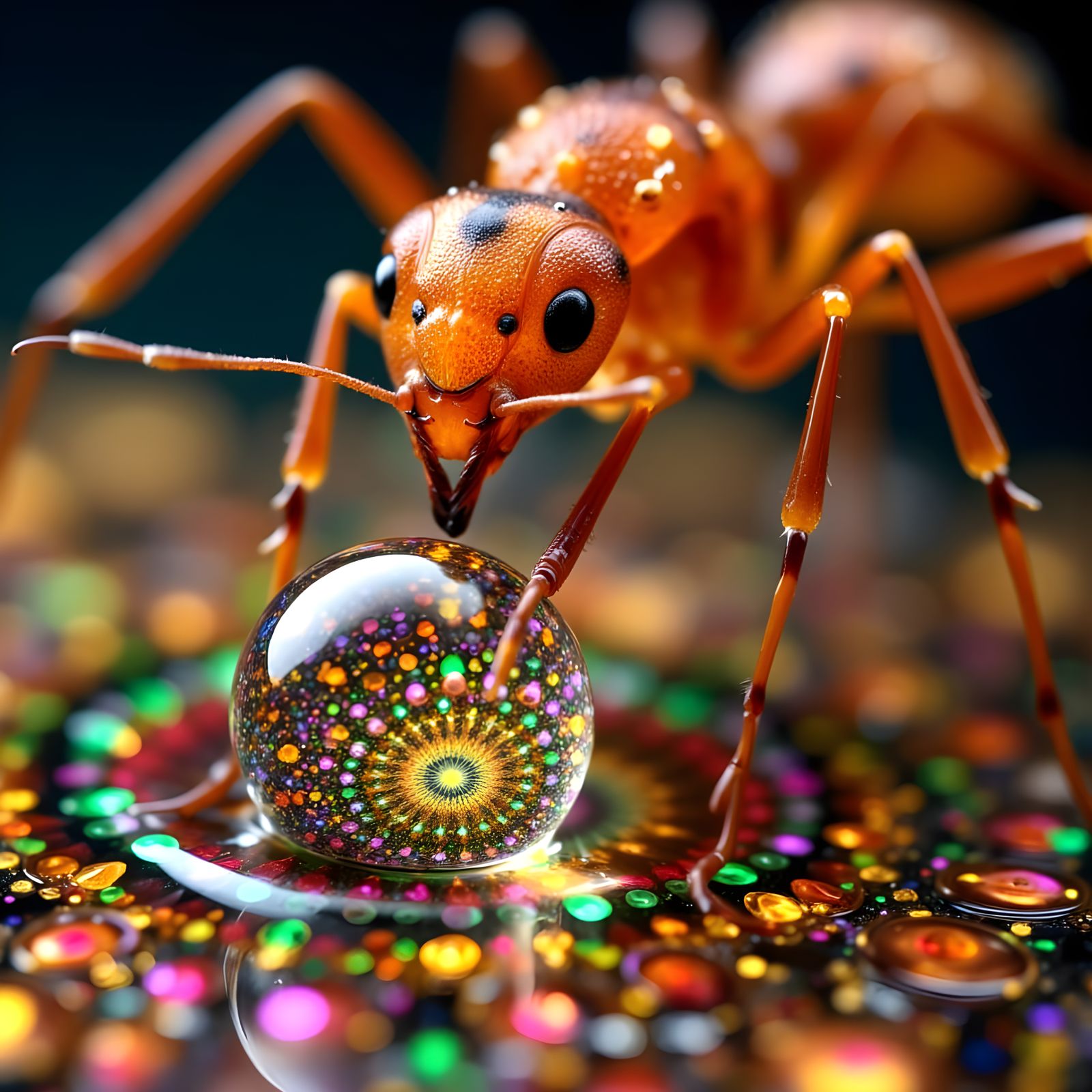 Ant Holding Kaleidoscopic Fractal Water Drop