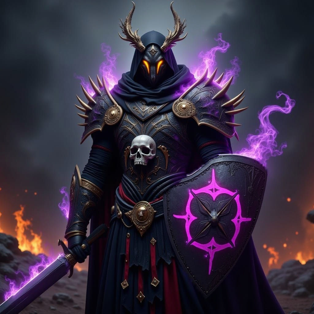 Gothic Space Paladin in Dark Armor, Dragonborn of Red Scales...