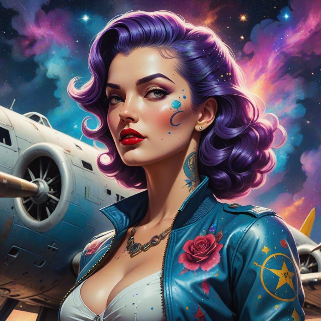 1940s Pin Up Girl on Bomber Plane in Cosmic Style