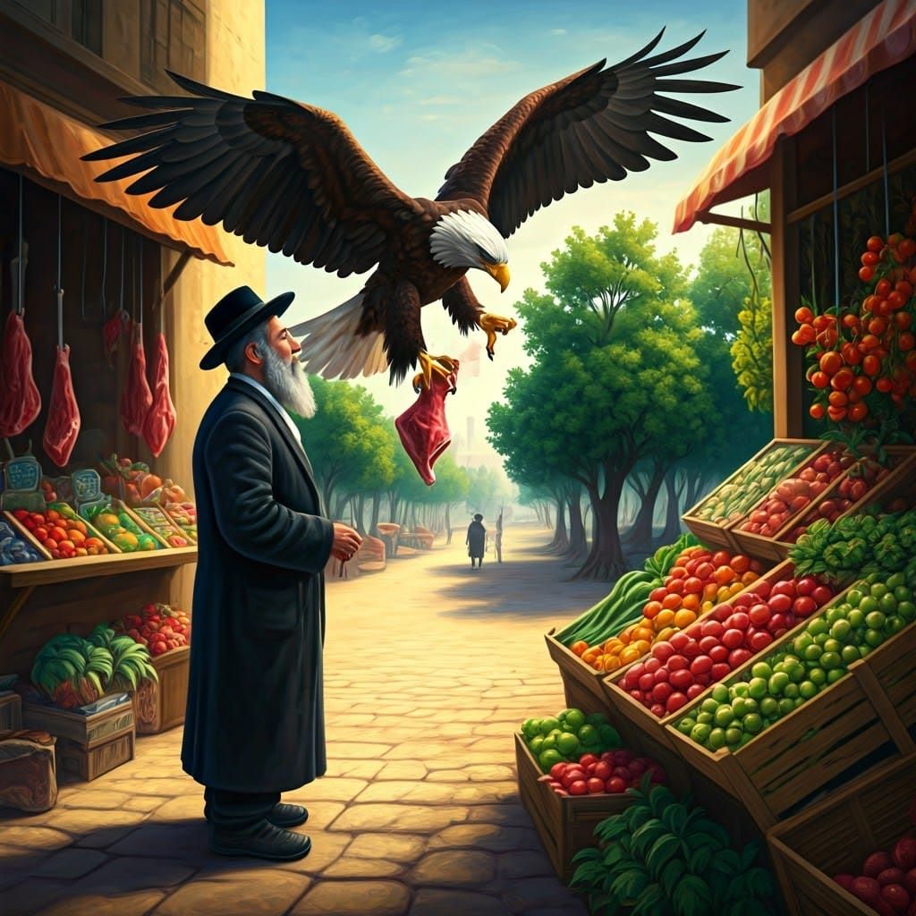 A Traditional Jew in Awe as an Eagle Steals Meat in a Whimsi...