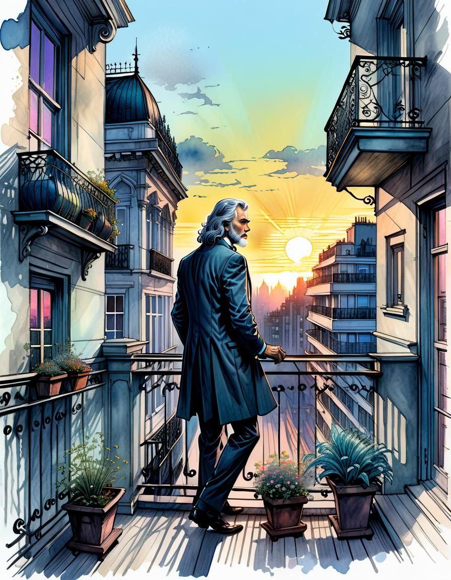Gentleman on Balcony in Gothic Comic Book Style