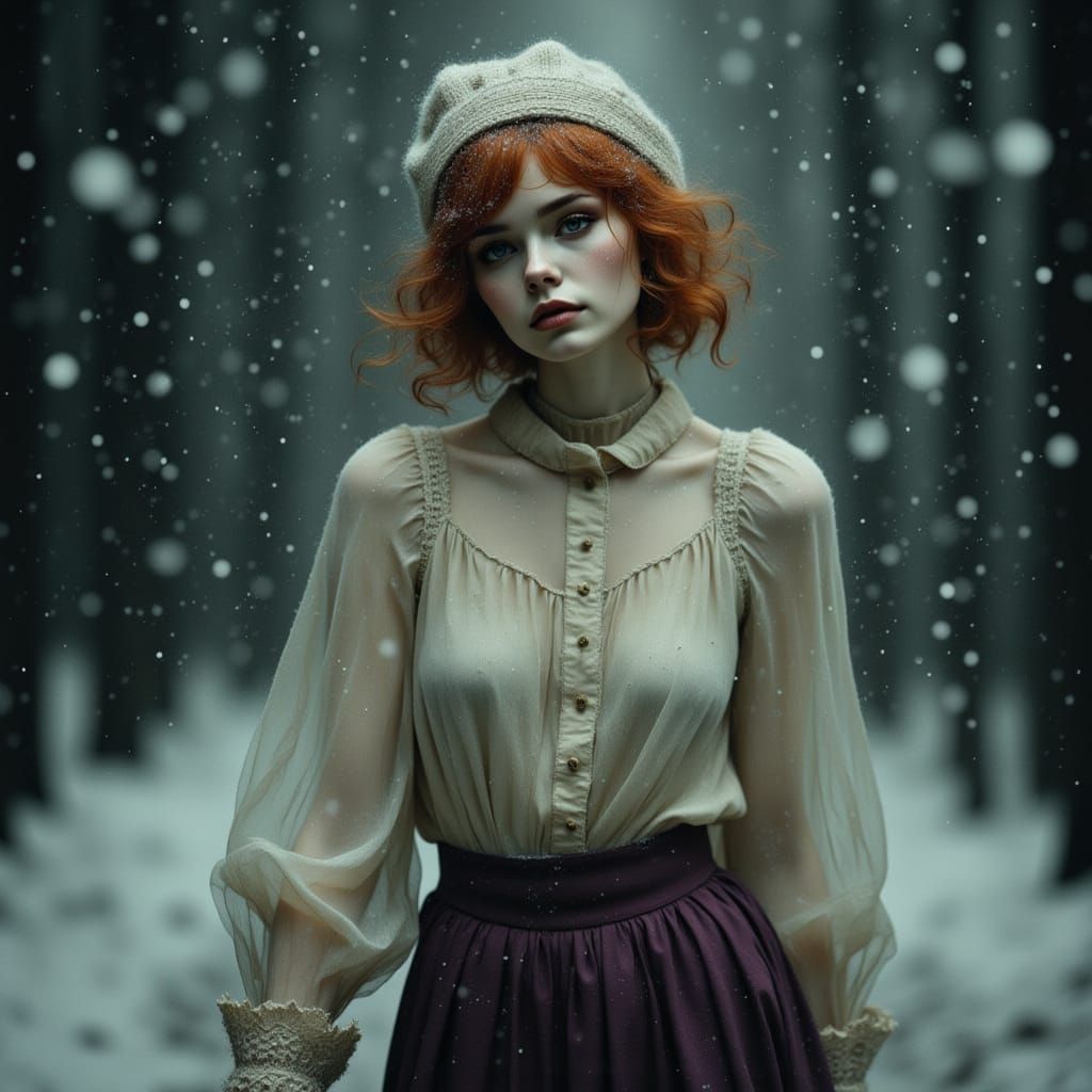 Porcelain Woman in Snowy Cityscape