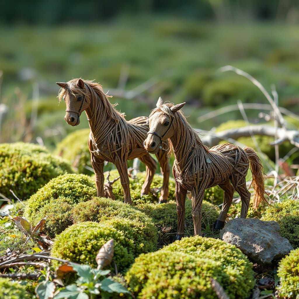 Willow and Moss Horses in Serene Meadow