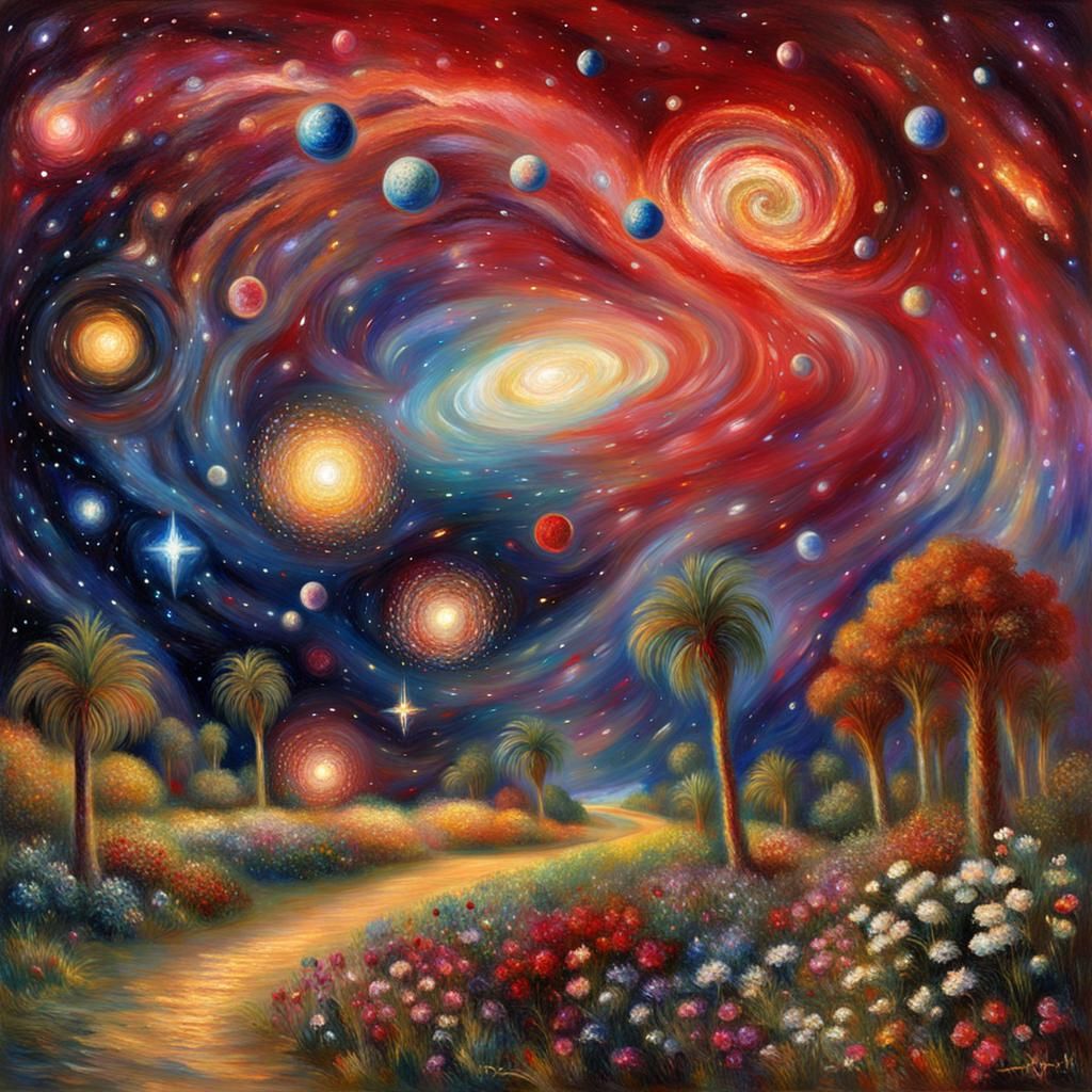 Galactic Oasis with Ruby Starship, Impressionistic Style