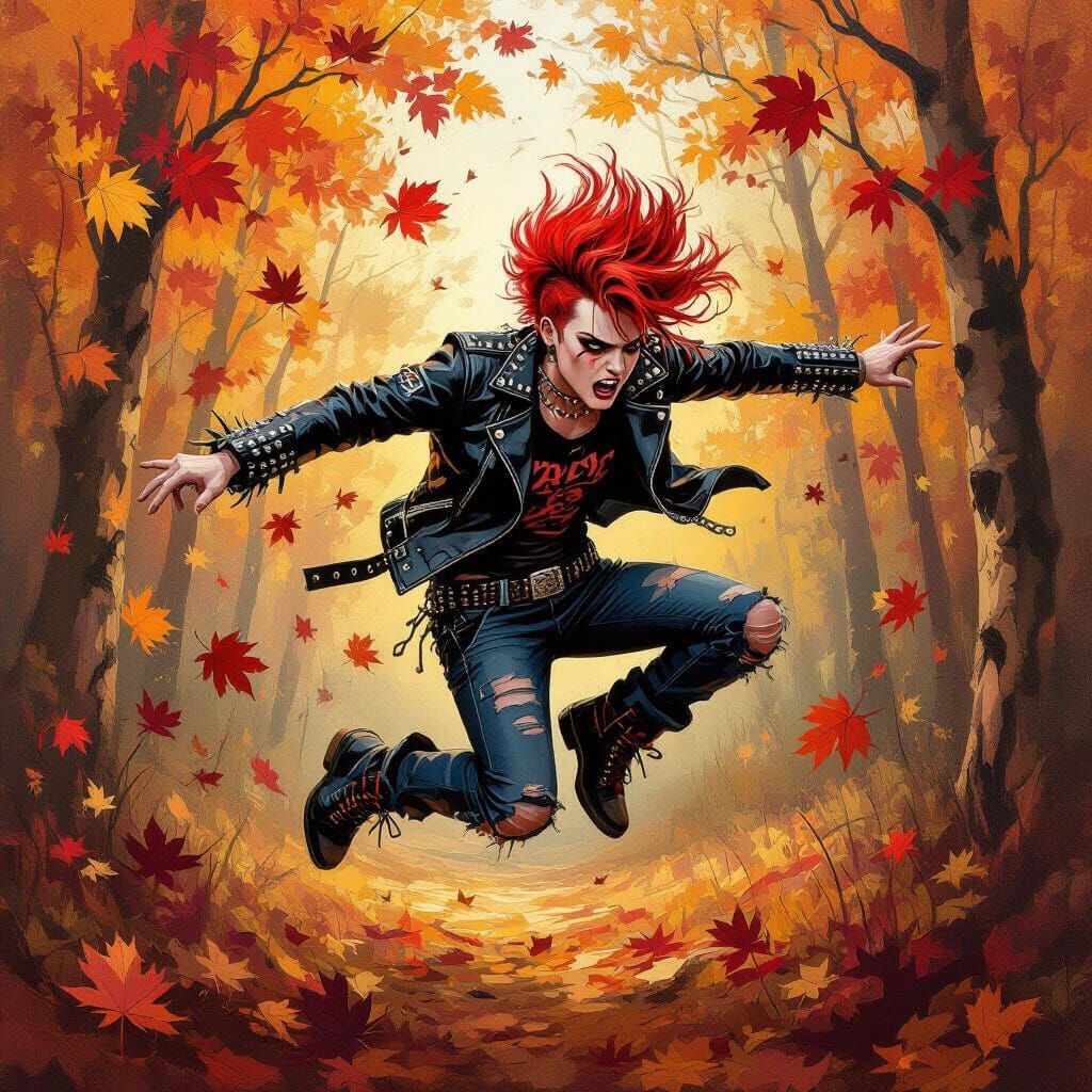 Punk Rocker Leaping Through Autumn Forest in Impasto Style