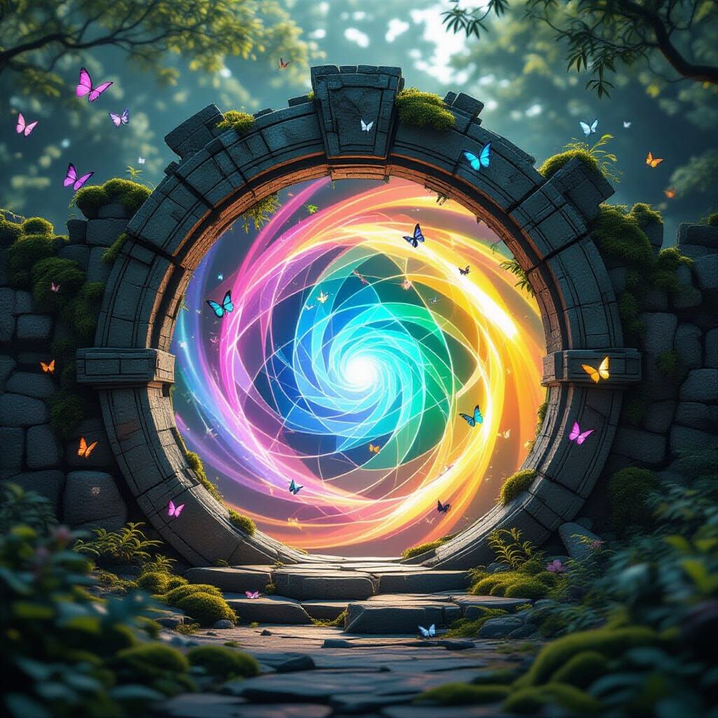 Mossy Archway Portal with Light Butterflies