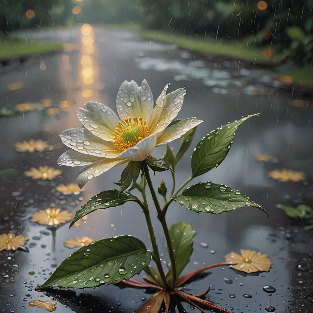 Rainy Flower: Oil Painting in Golden Hour Light