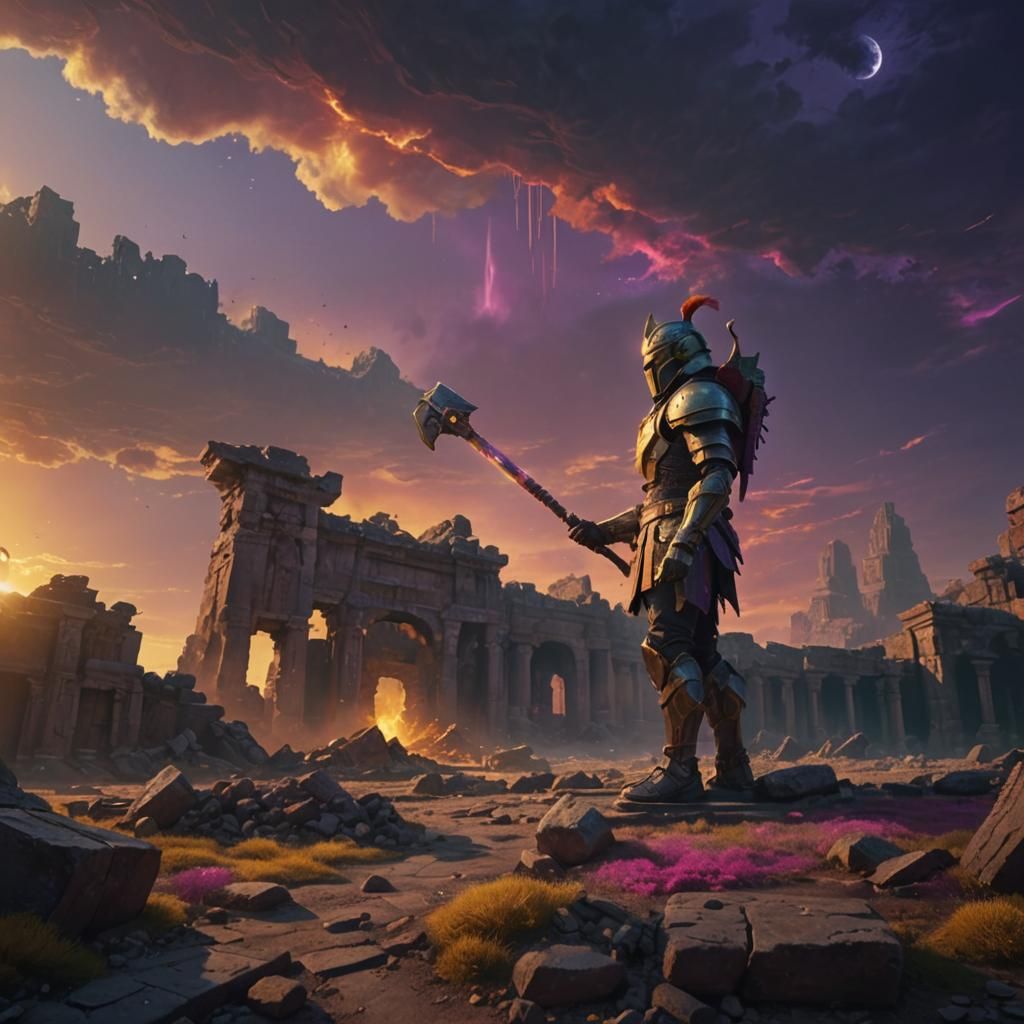 Warrior in Ancient Ruins: Hyperrealistic Sci-Fi Art