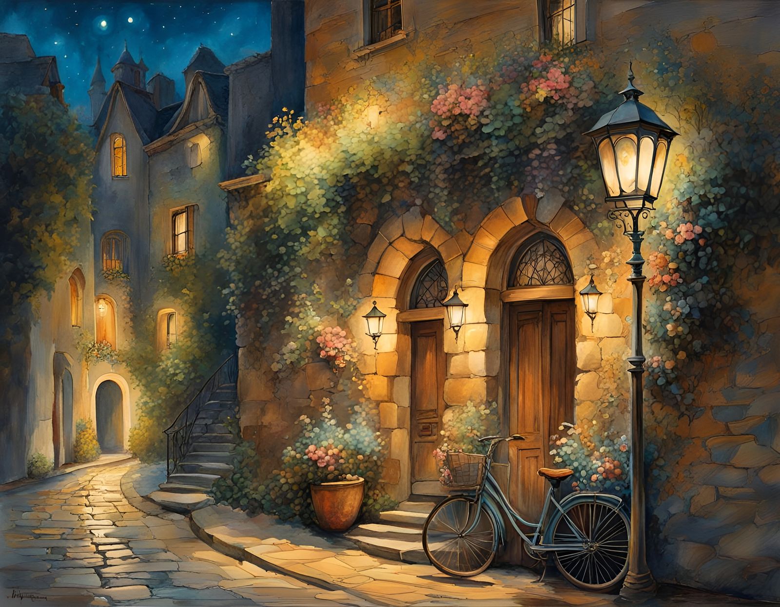 Illuminated Ancient Stone Wall with Art Nouveau Details