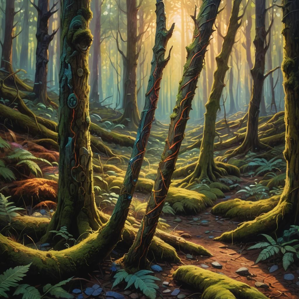 Mystical Forest Stick with Glowing Runes