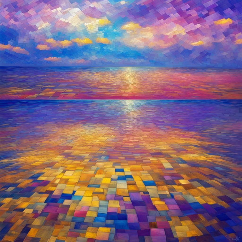 a calm open empty bay with deep blue water with colorful mos...