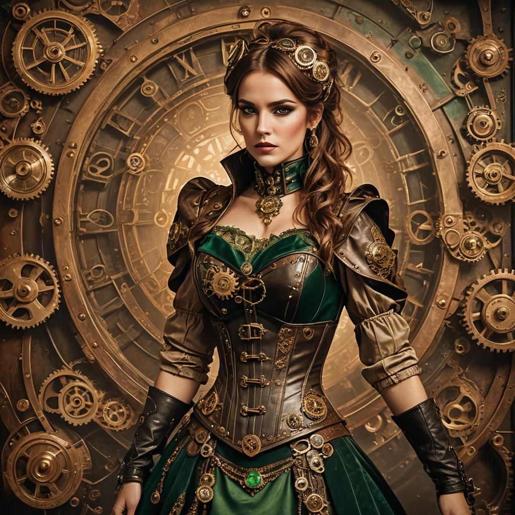 Steampunk Woman in Brass Corset with Copper Gears