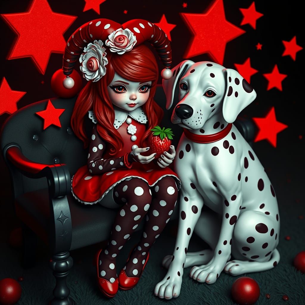 Ladybug Jester Girl in Polka Dot Fantasy, Digital 3D Art