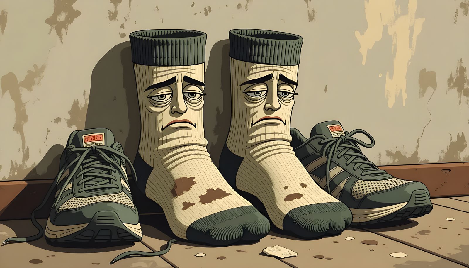 Tired Dirty Socks Lean on Running Shoes