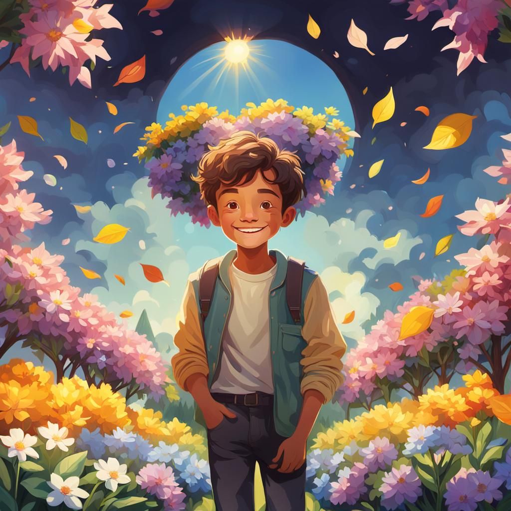 Happy Boy in Garden: Vibrant Oil Painting