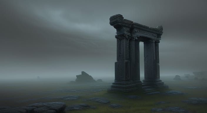 Ancient Glowing Rune Stone in Desolate Fantasy Landscape