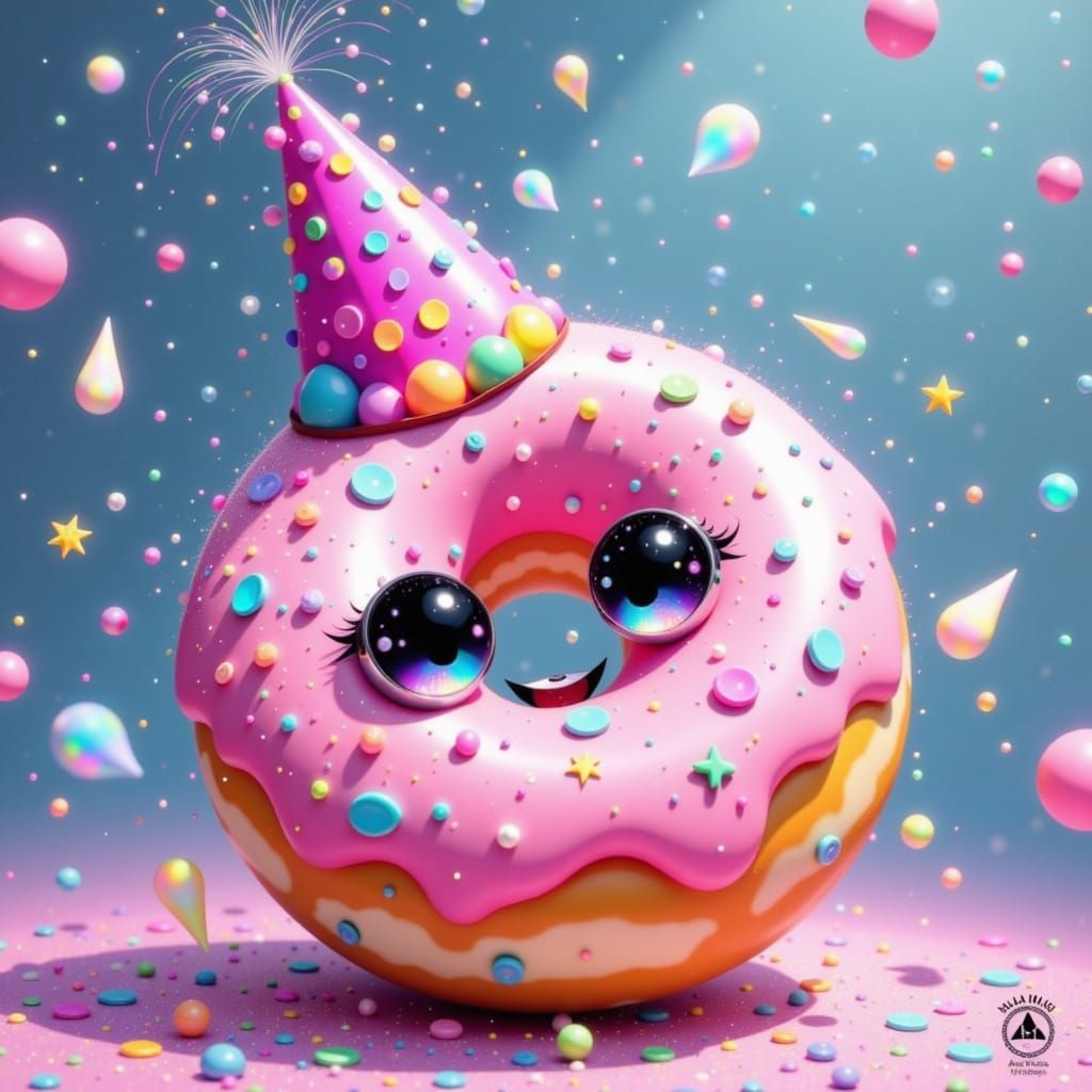 Anthropomorphic Donut with Party Hat and Sprinkles