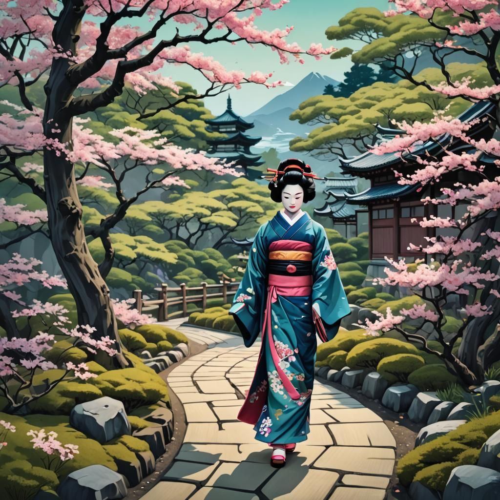 Geisha in Japanese Garden: Ukiyo-e Digital Art
