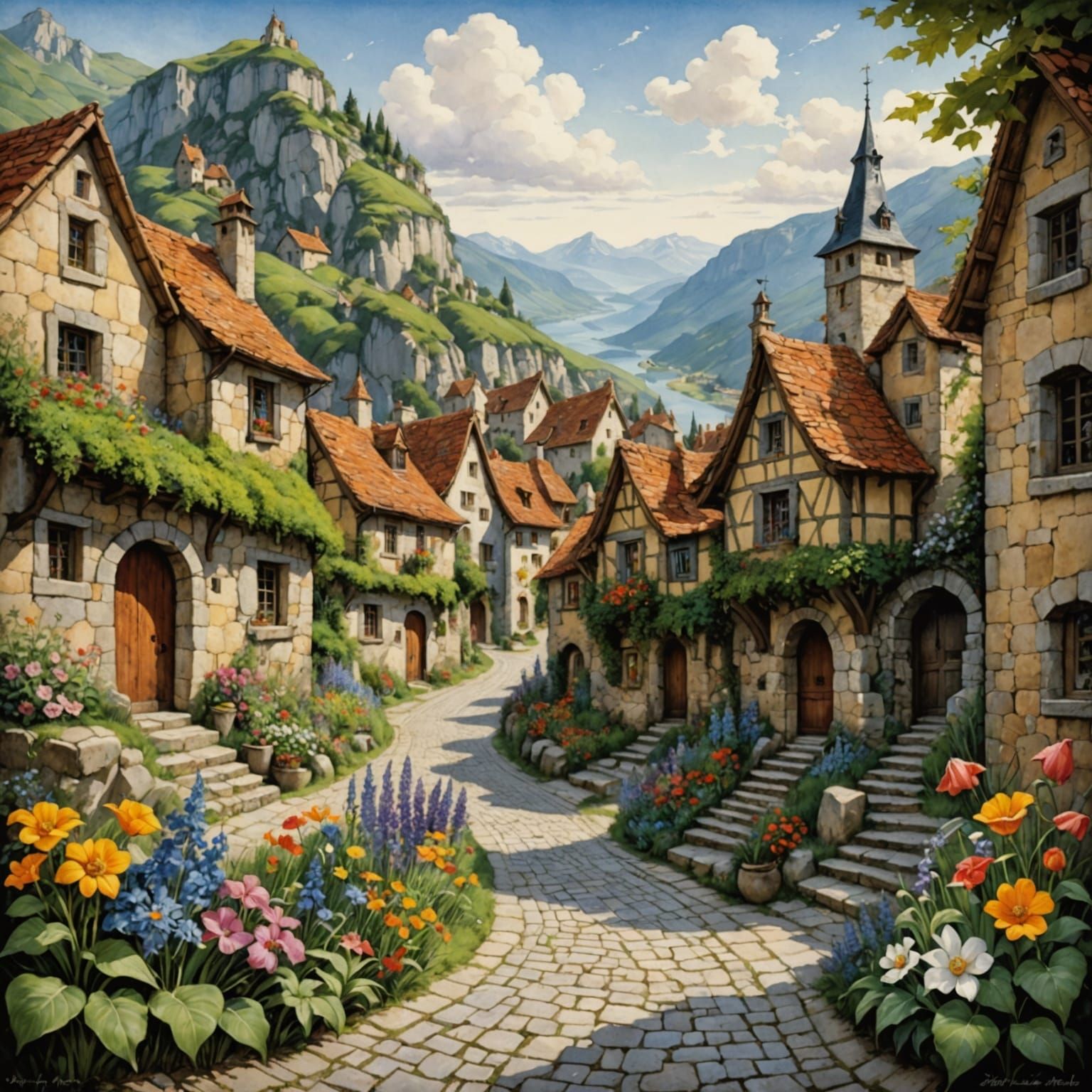 Whimsical Mountain Village in Vibrant Bloom