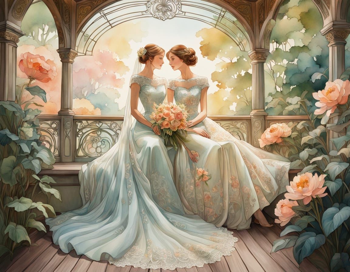 Elegant Art Nouveau Wedding Portrait in Watercolor