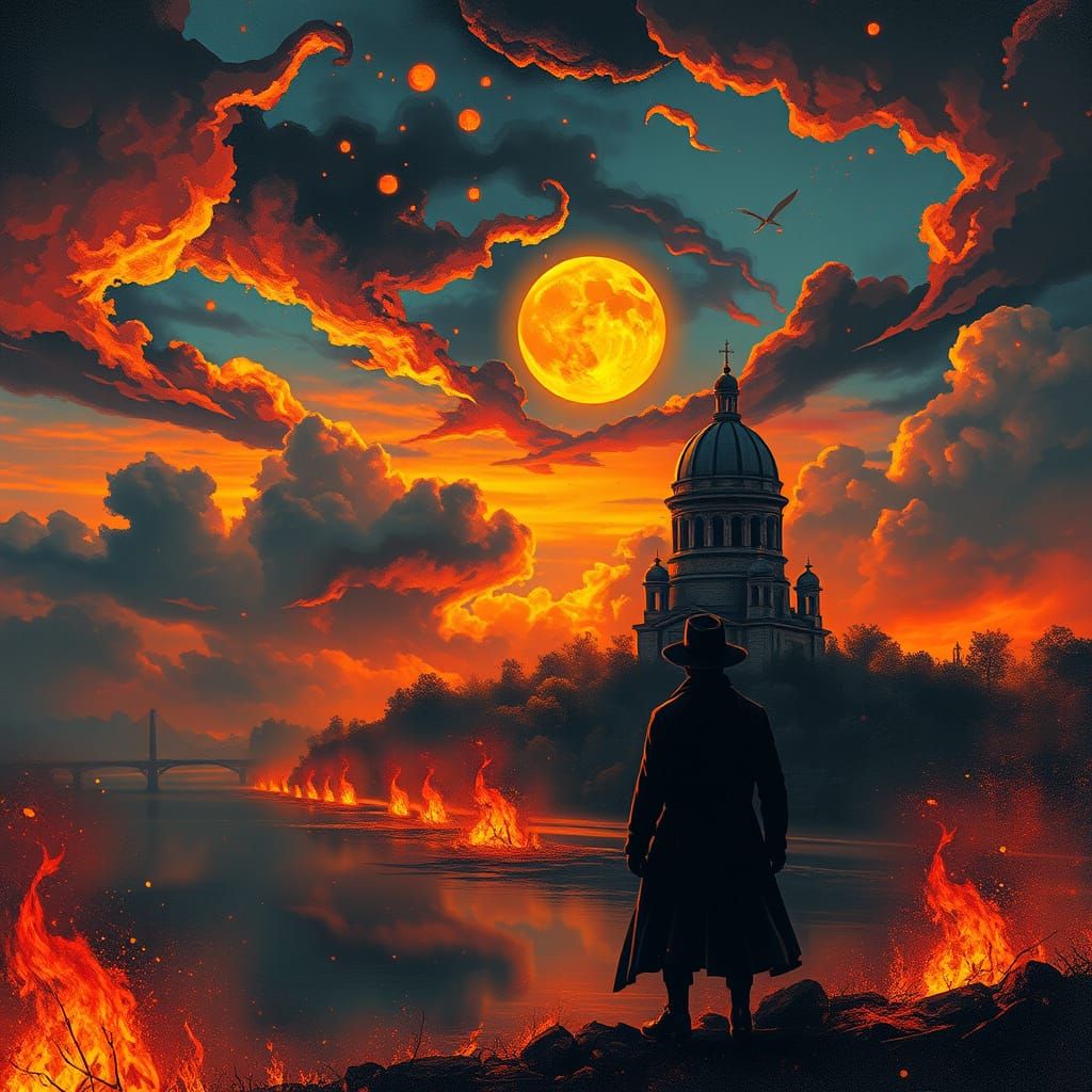 Enameled Silhouette Gazing at Fiery Sunset