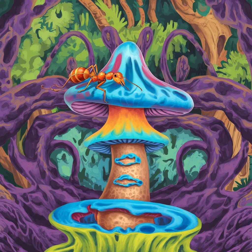 Psychedelic Magic Mushroom with Ant in Forest