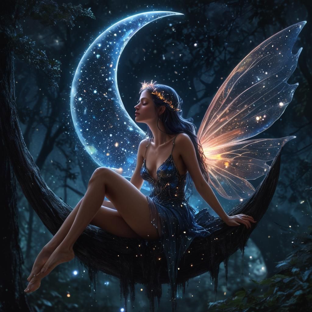 Enchanting Fairy Stargazing on Crescent Moon