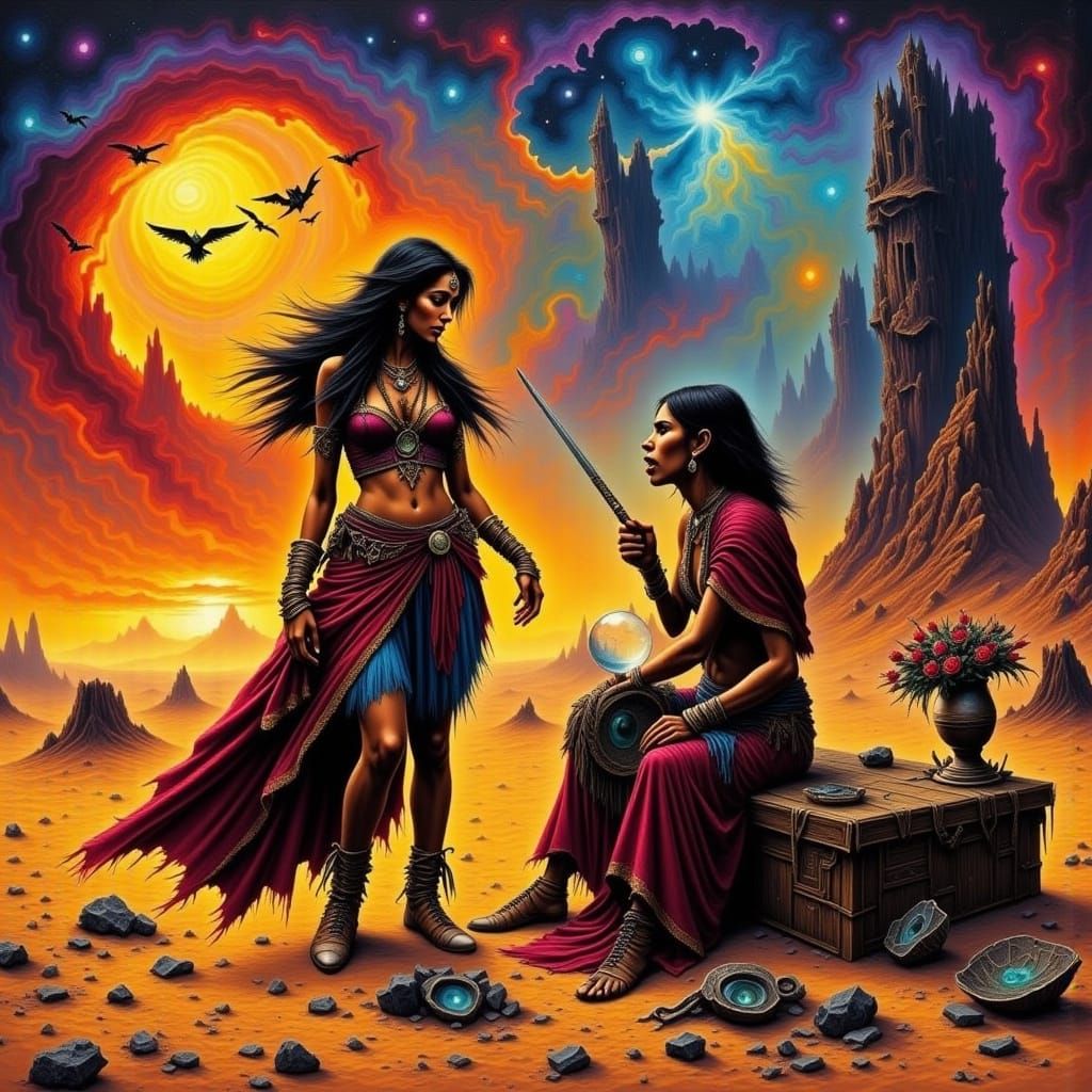 Enchanted Desert Seer Gazing into Crystal Ball