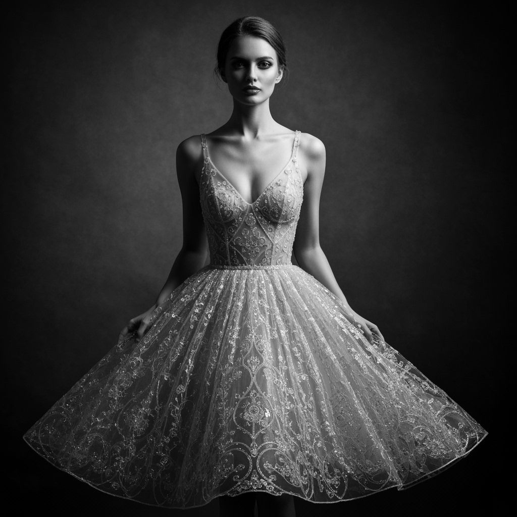 Stunning Woman in Glass Dress Black and White Photo
