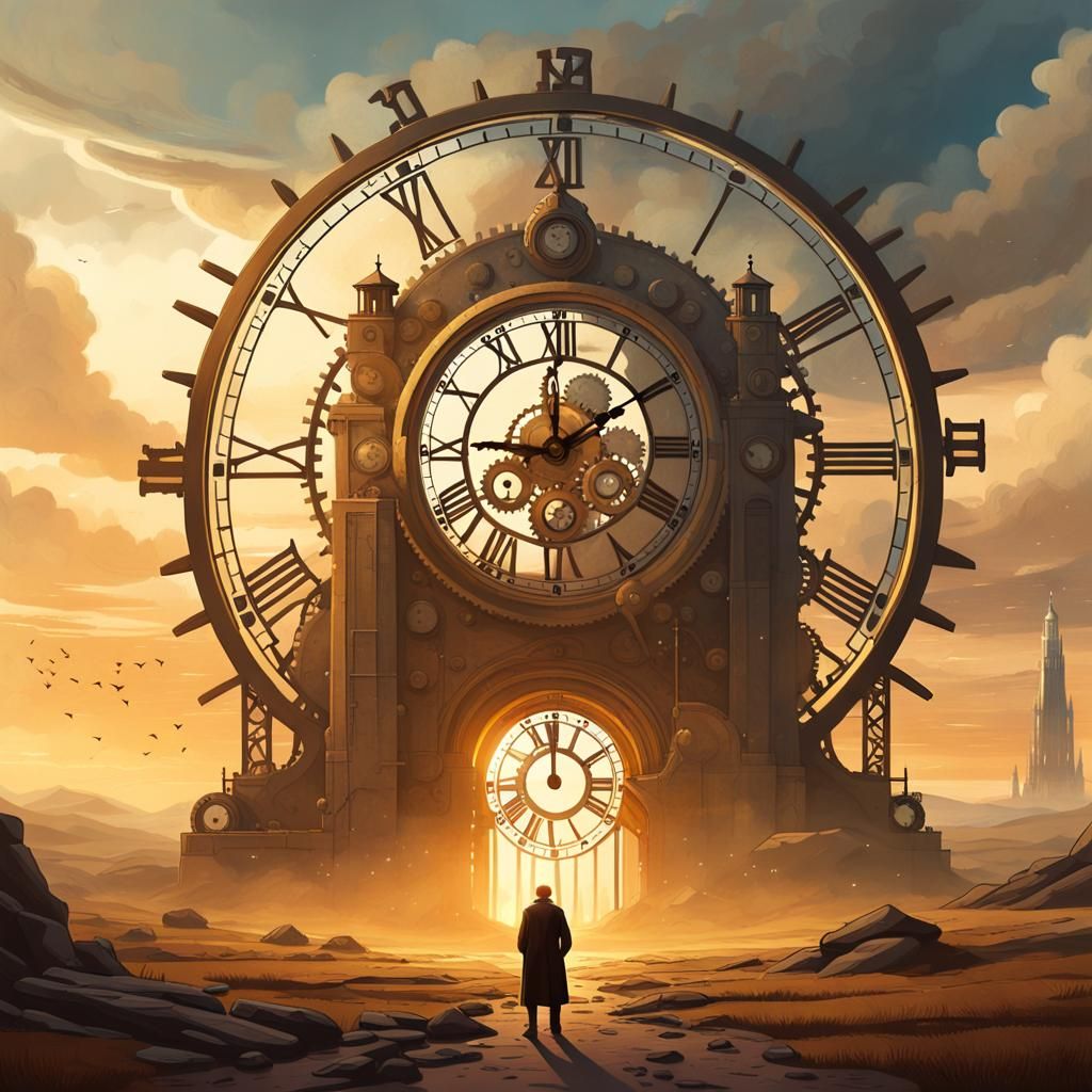 Steampunk Time Traveler in Golden Hour Landscape