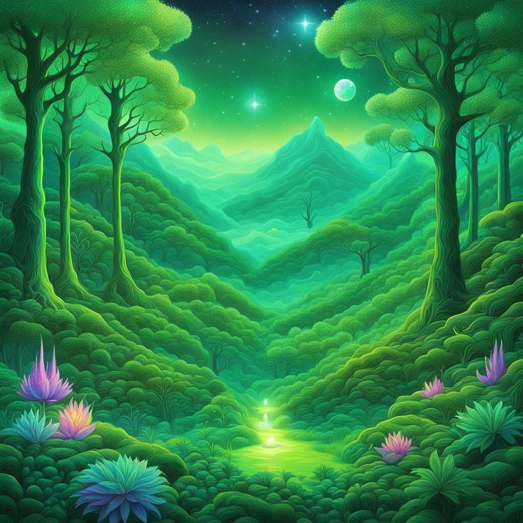 Lush Green Forest in Holographic Astral Style