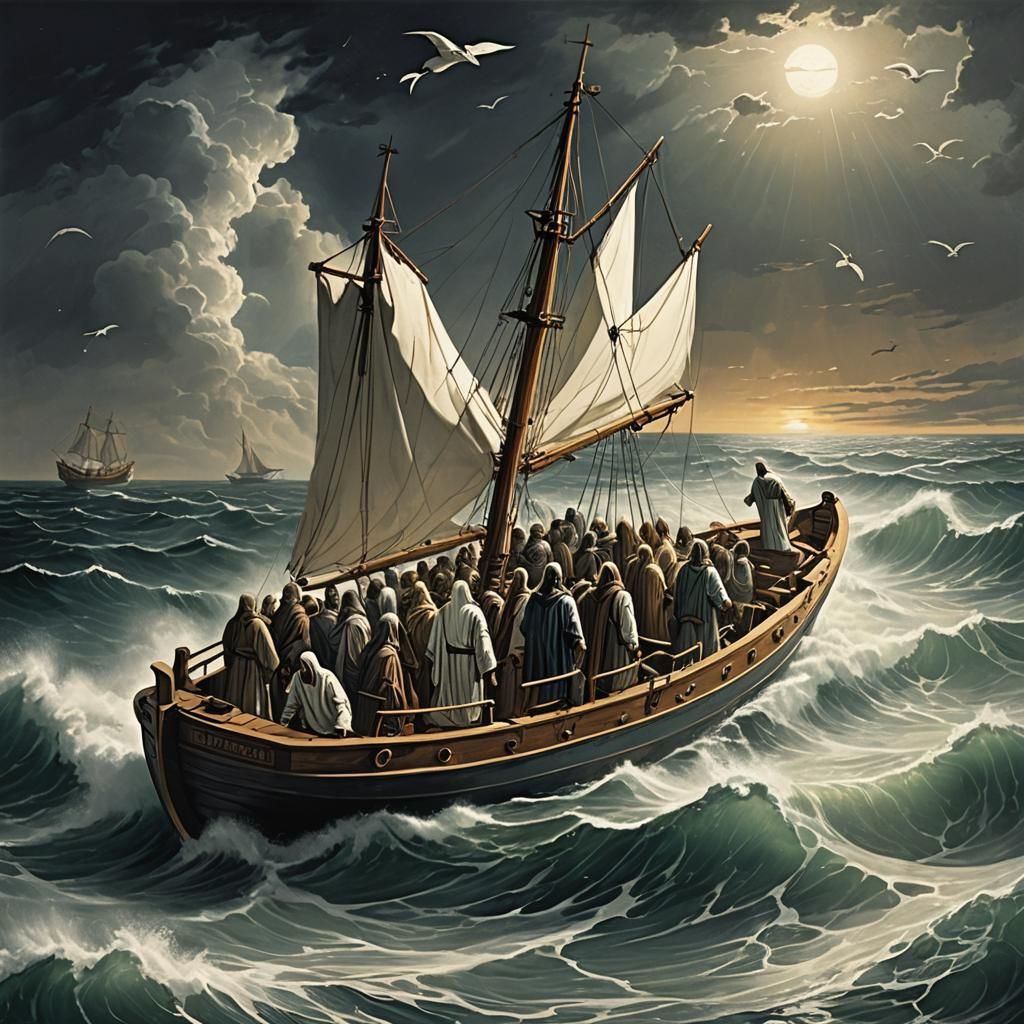 Futuristic Steampunk Boat Encounters Jesus on the Sea