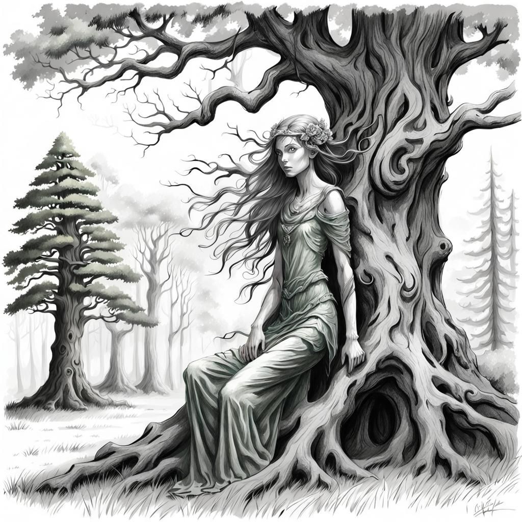 Fantasy Forest Dryad in Black and White Sketch