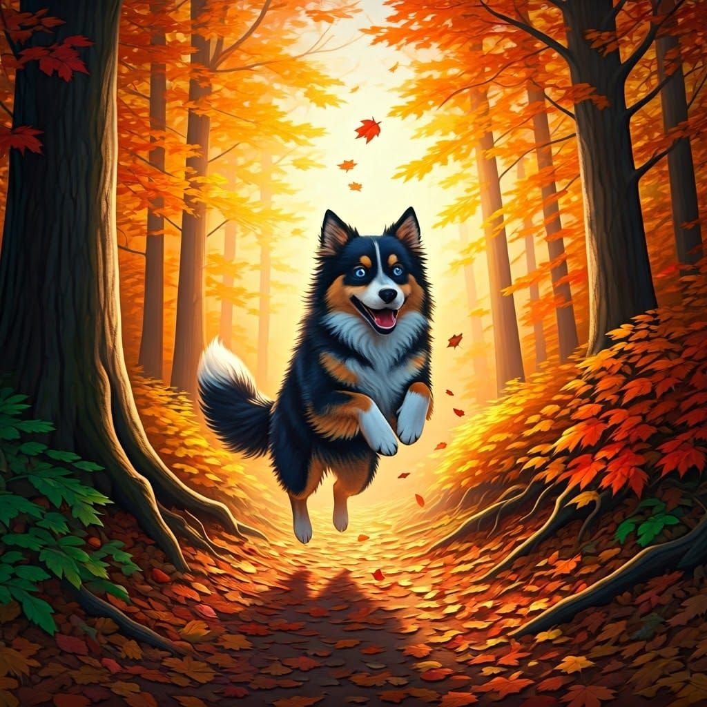 Autumnal Woodland Scene with Happy Dog, in Kinkade Style