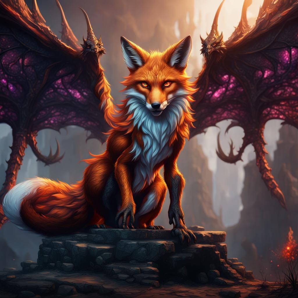 Demonic Fox with Dragon Wings in Detailed Matte Painting
