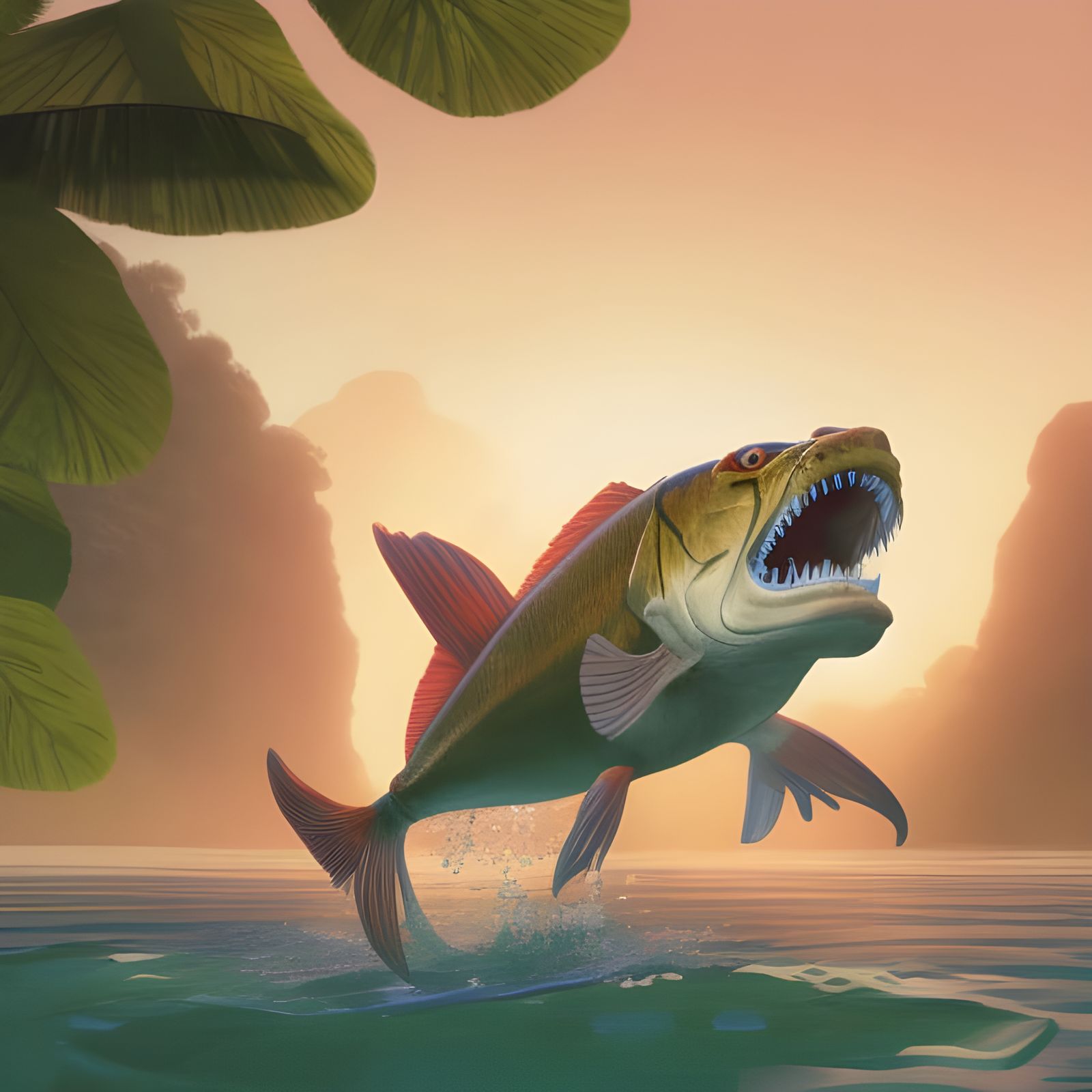 Piranha Leaping, Amazon Sunset in 3D Digital Art
