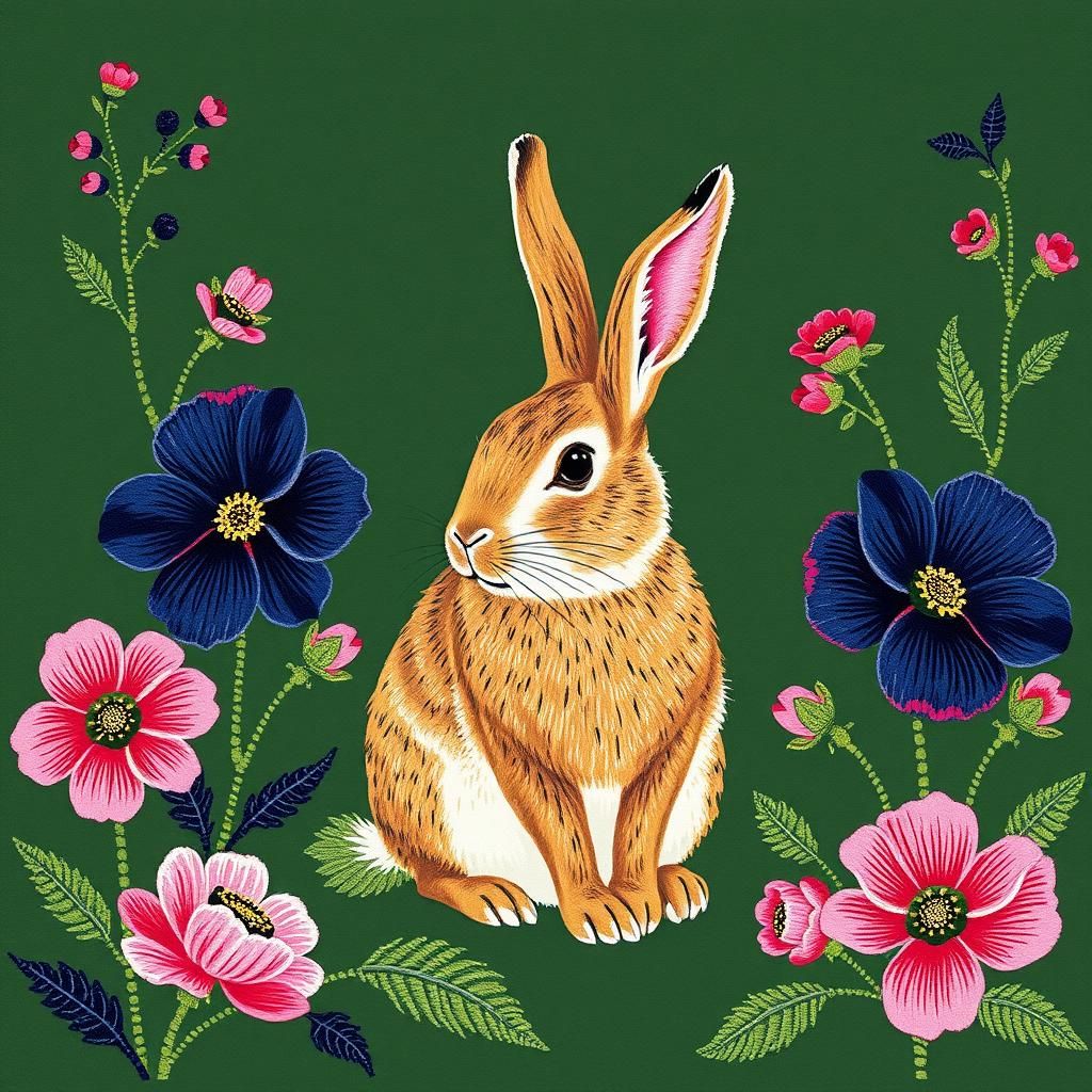 Rabbit Tapestry in William Morris Style