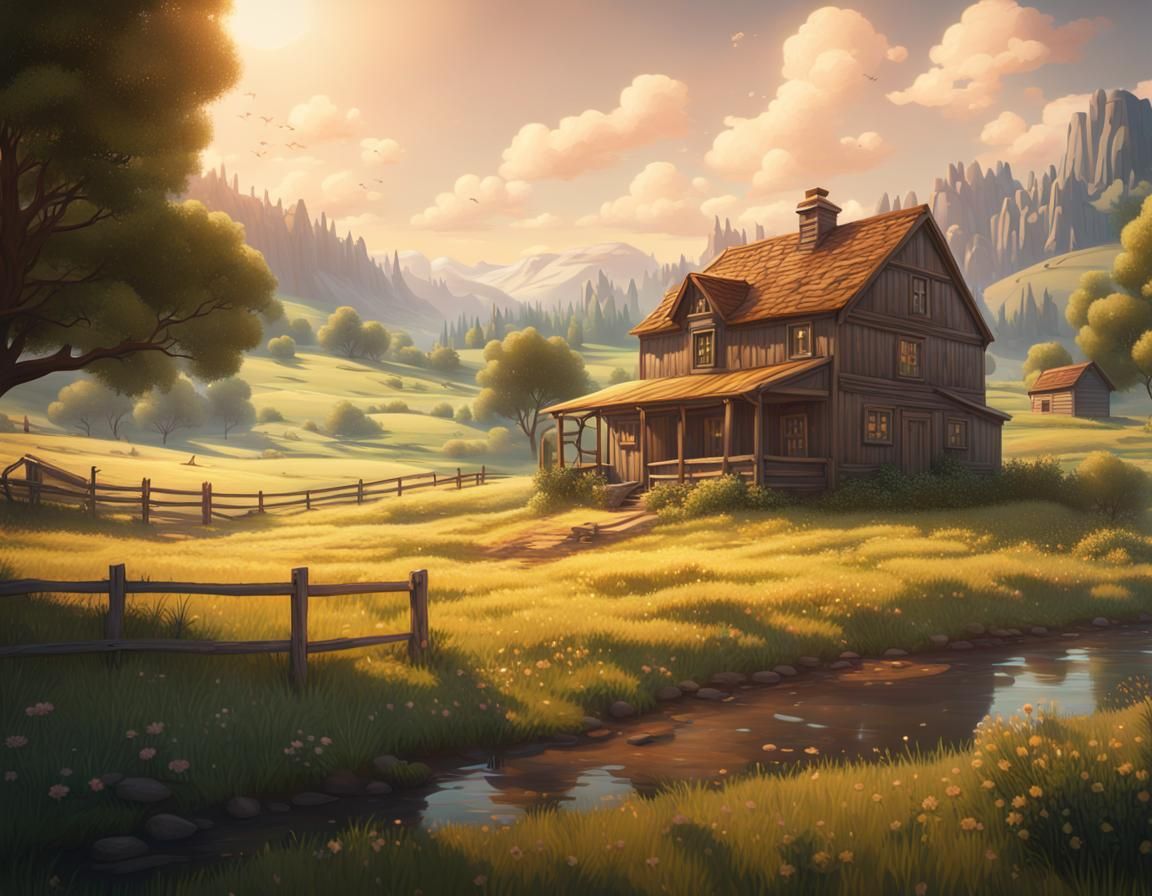 Retro Countryside Landscape Painting in Detailed Matte Style