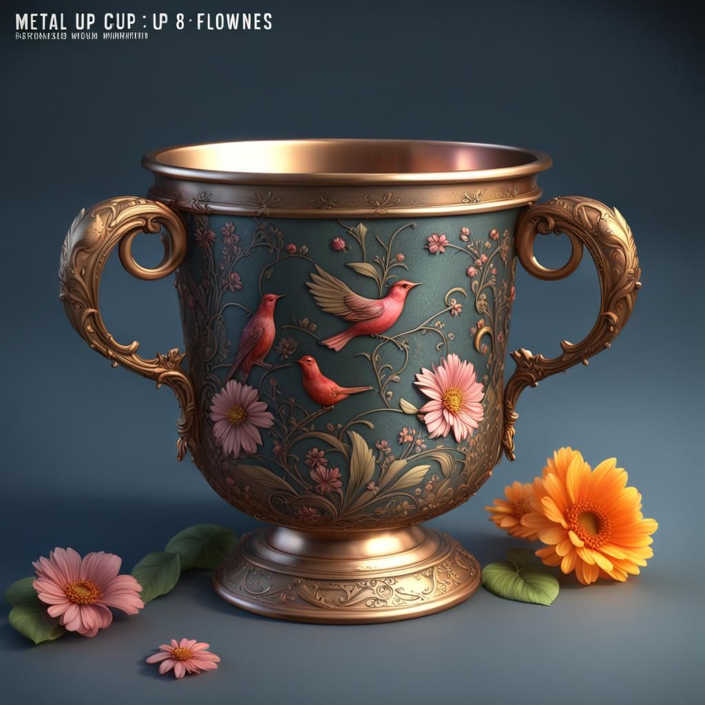 Elegant Metal Cup with Flowers and Birds