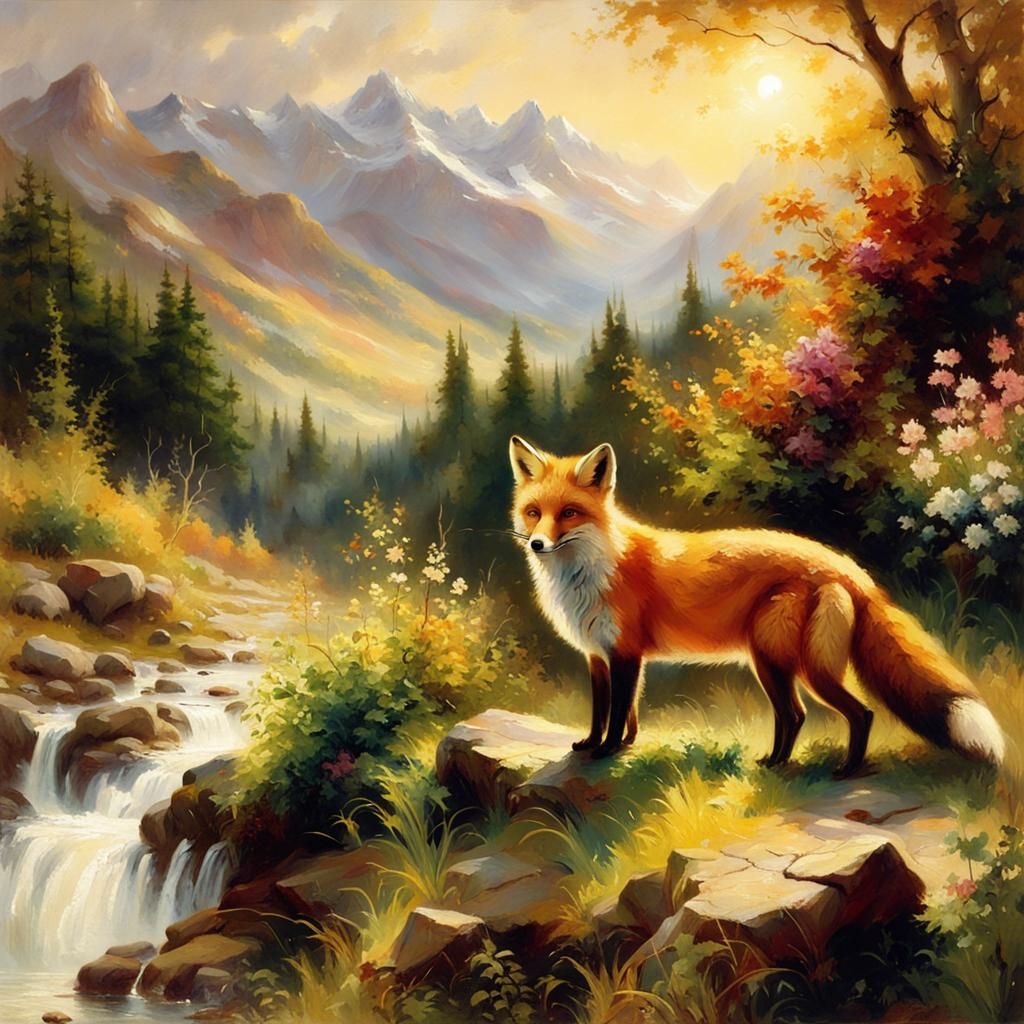 Fox in Summer Landscape: Oil Painting Masterpiece