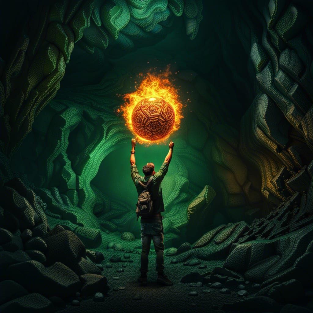 Ornate Mecha Man Illuminates Dark Cave