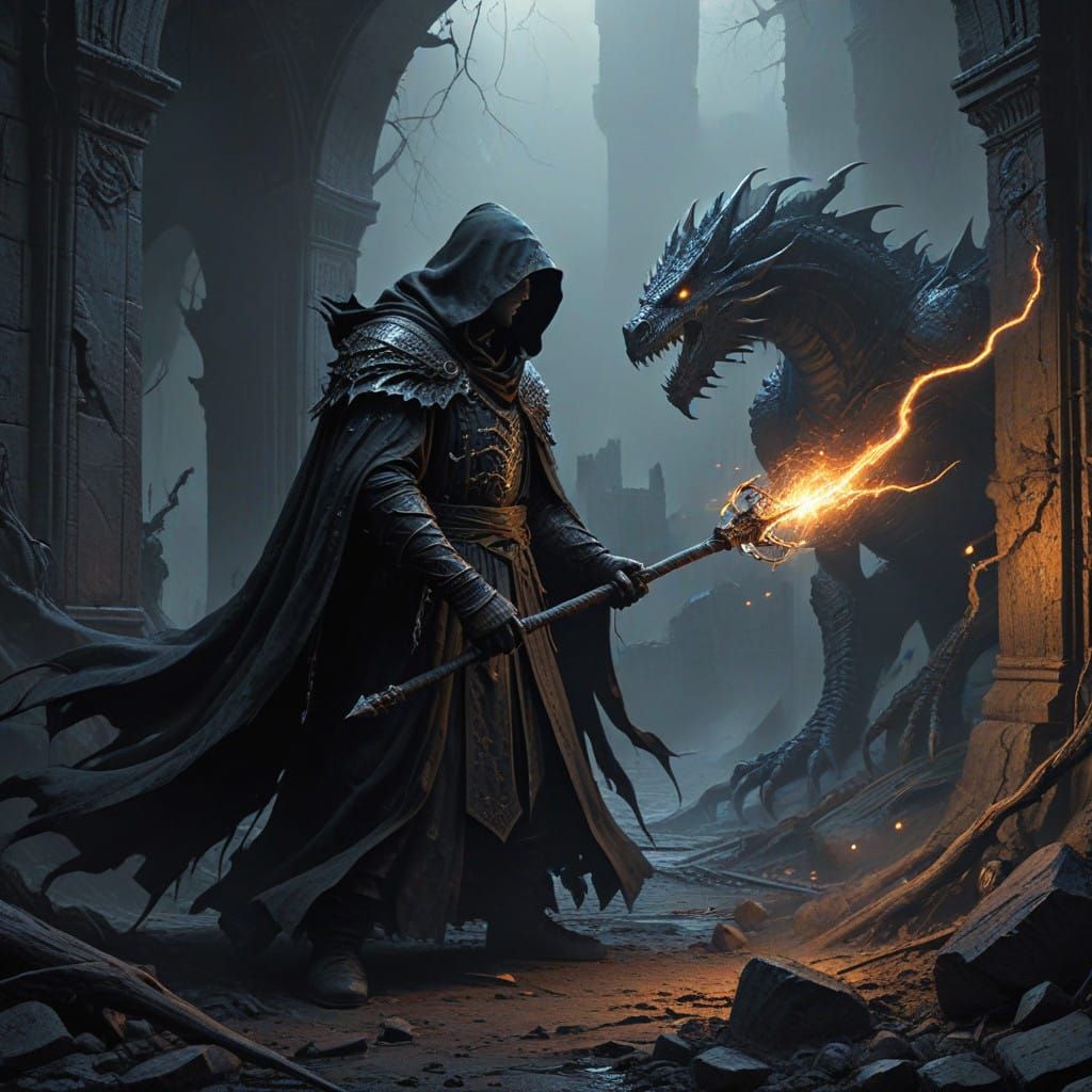 Dark Fantasy Sorcerer Battles Colossal Dragon in Ruined Cast...