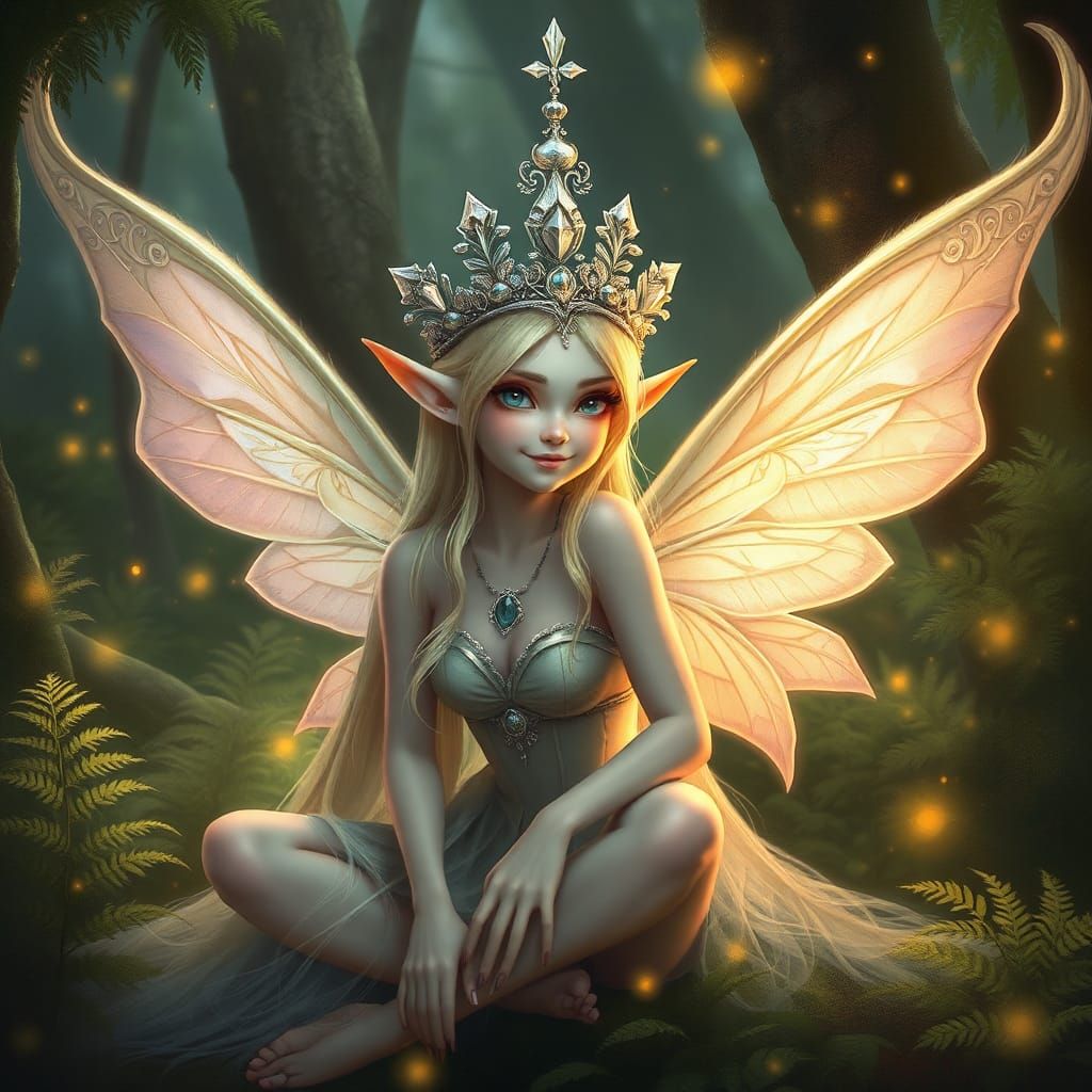 Ethereal Elf Queen with Shimmering Crown and Wings