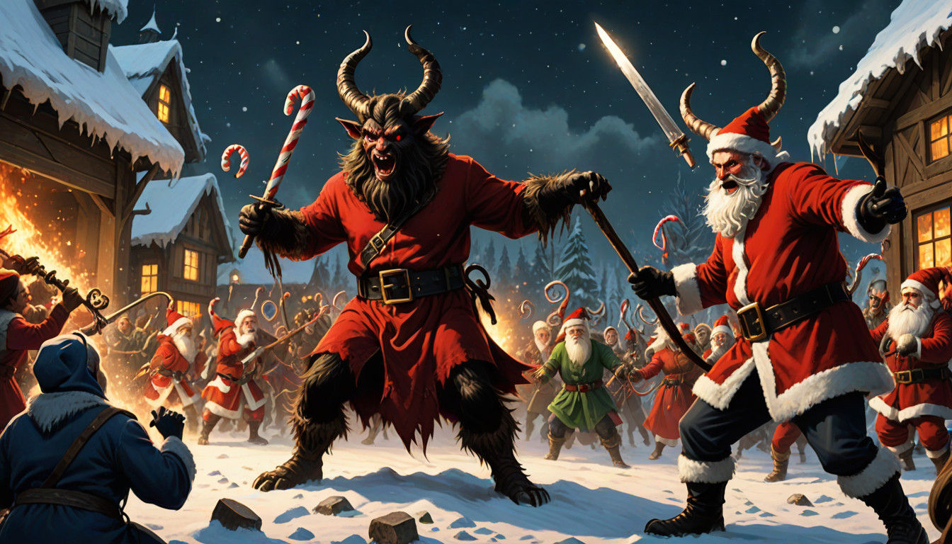 Krampus Battles Santa in a Candy Cane Sword Fight