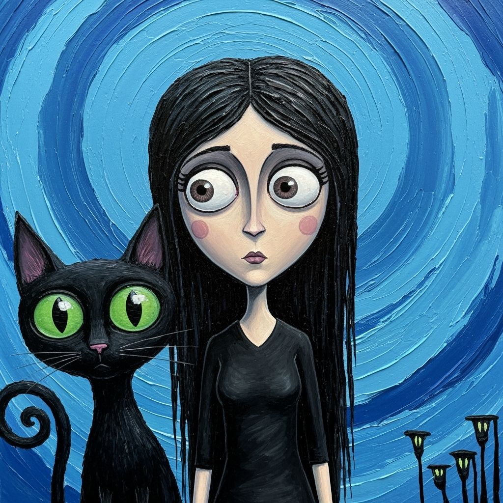 Tim Burton Style Girl and Tall Slender Cat