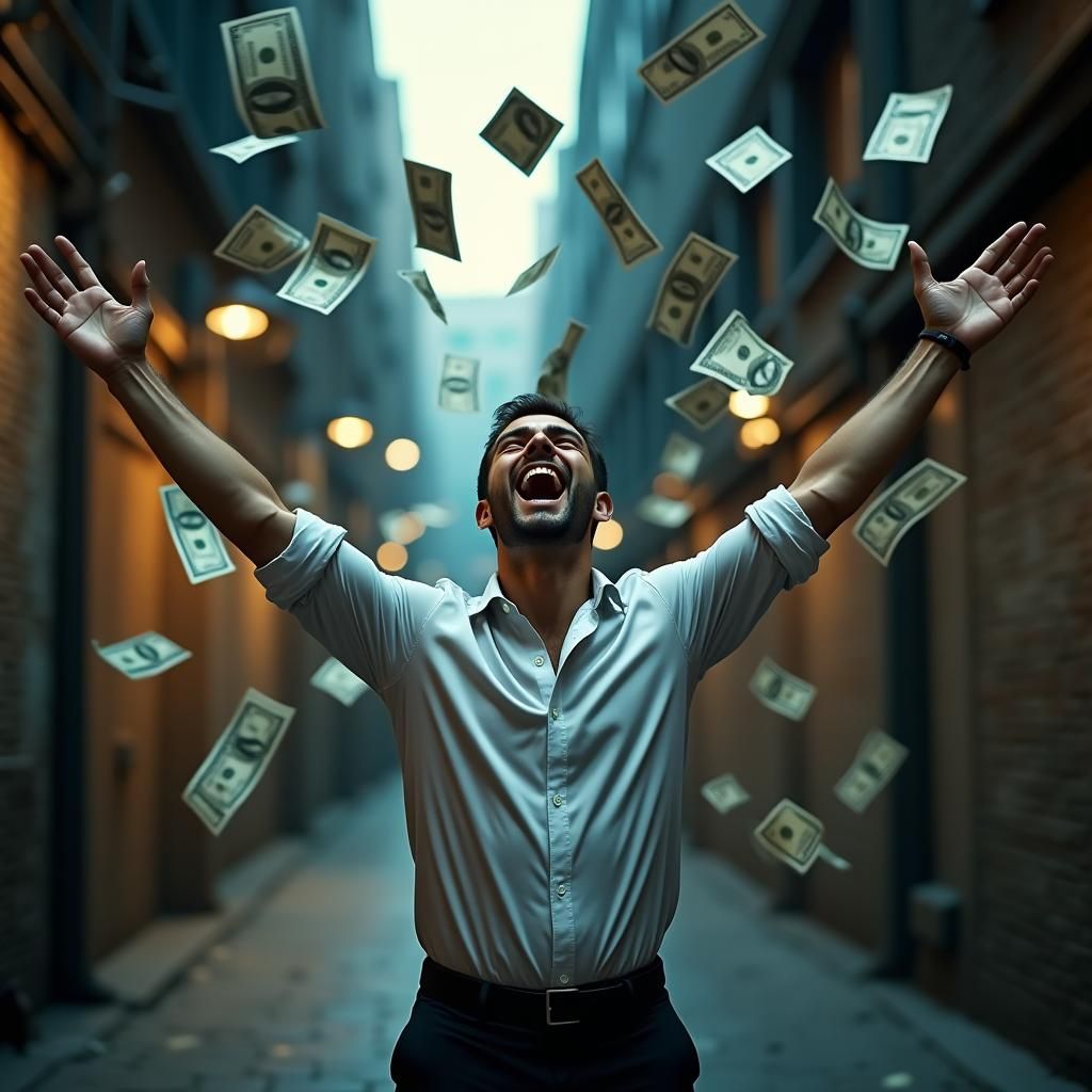 Ecstatic Man Surrounded by Cash in Cinematic Digital Art