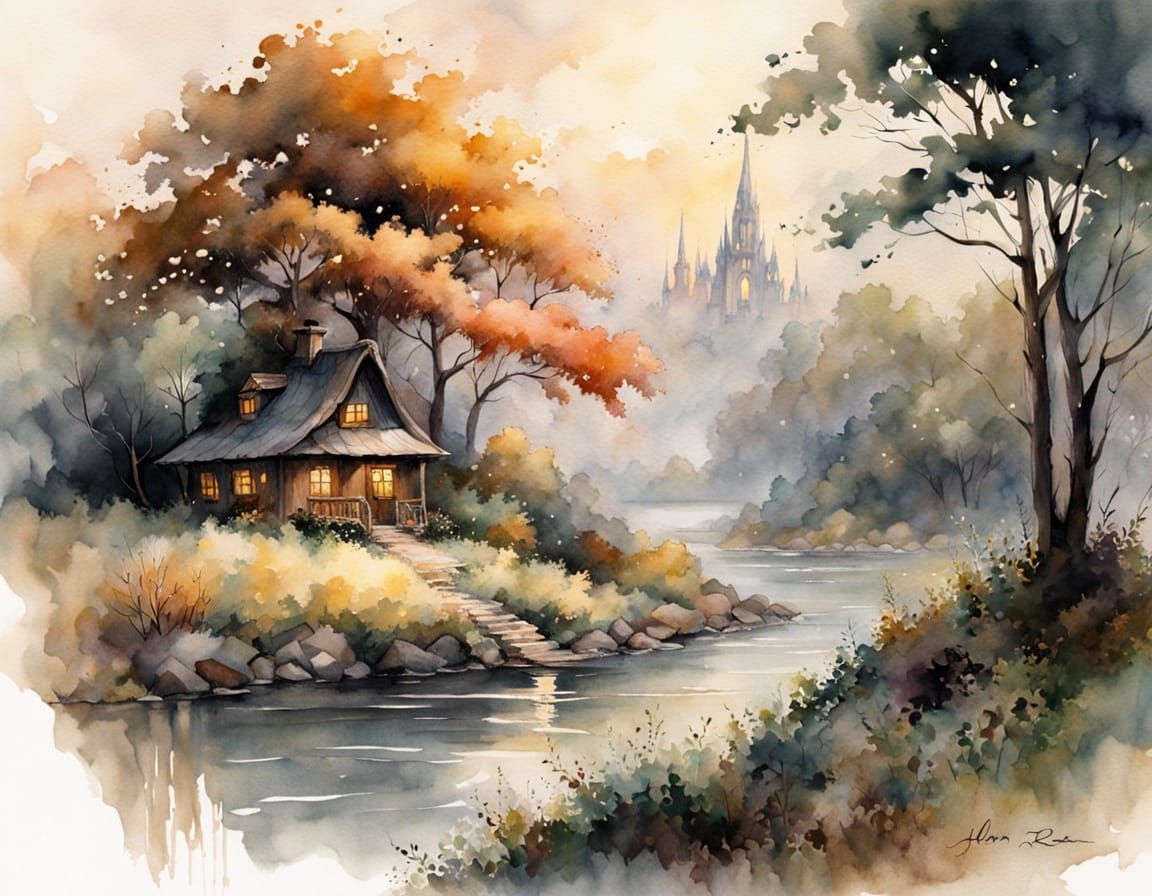 Haughty Witch Sweeps Yard in Ethereal Watercolor Fantasy