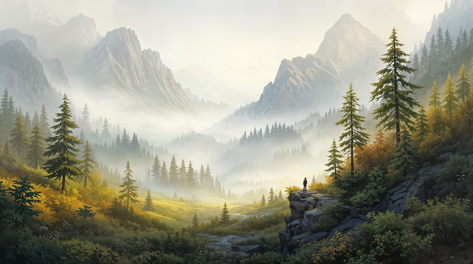 Misty Mountain Valley in Impressionistic Style