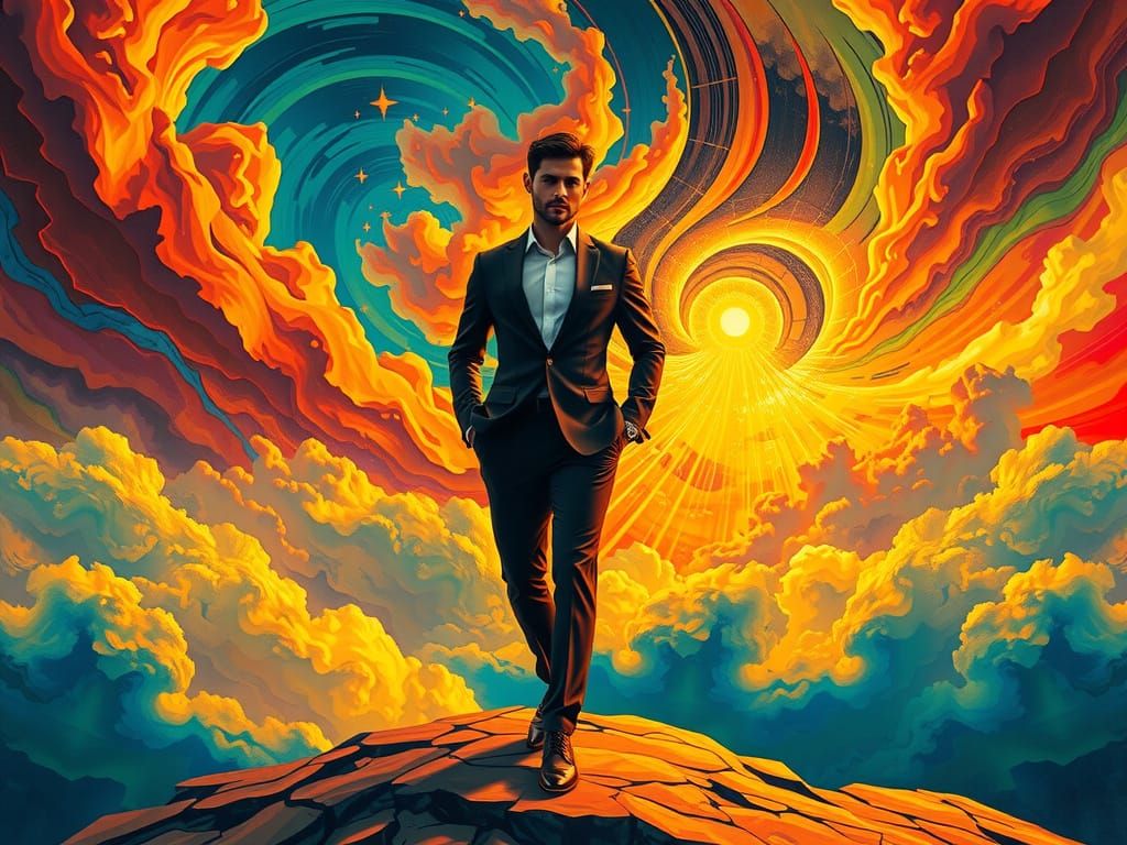 Majestic Figure in Vibrant Vorticism Landscape