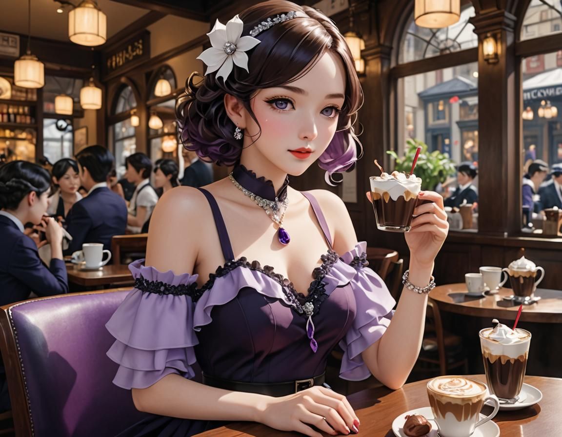 Woman in Purple Suit at Cafe, 3D Anime Art